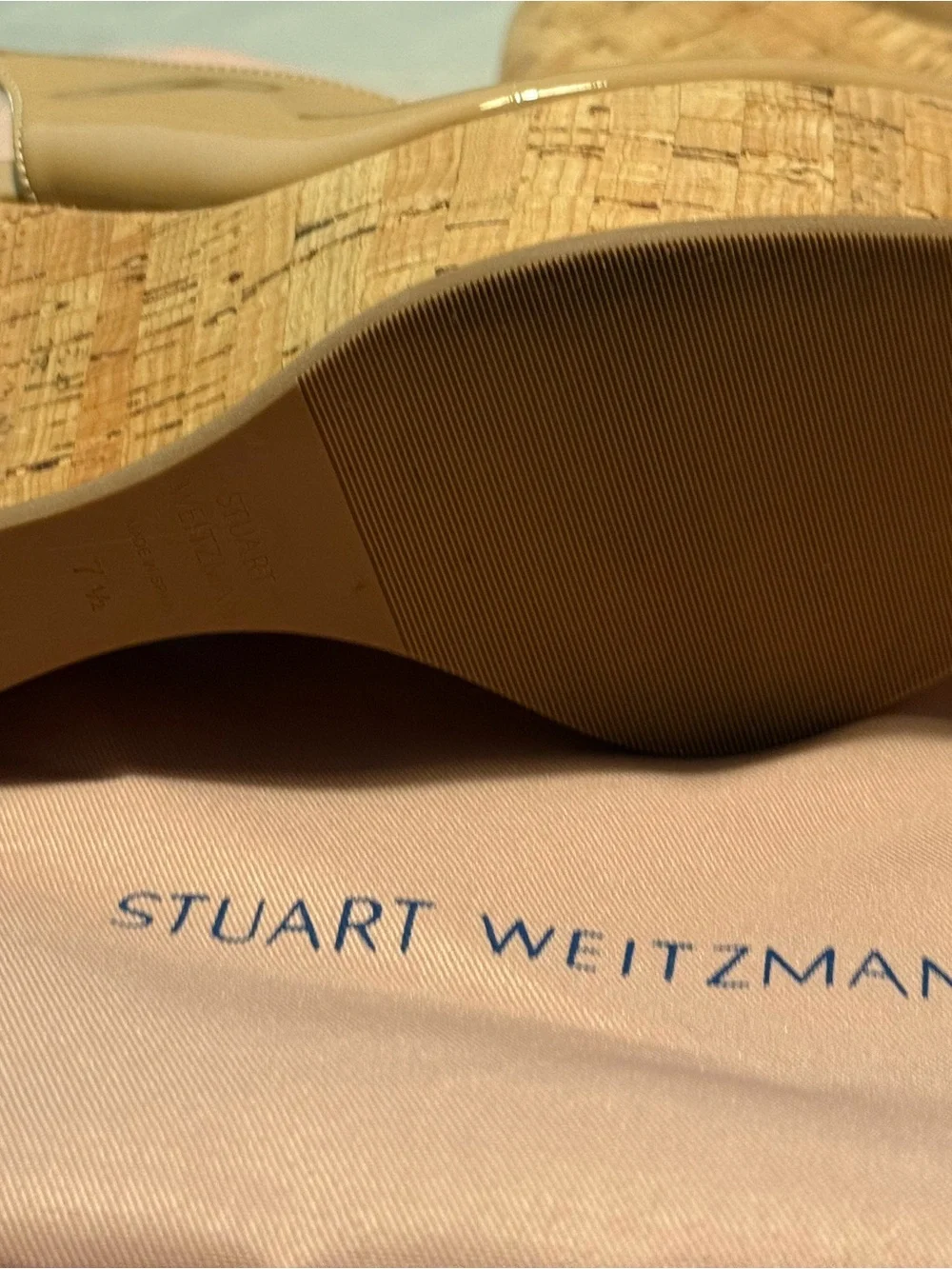 Stuart Weitzman Beige Patent Cork Wedge Slingbacks NIB Size 7.5 - Picture 7 of 9